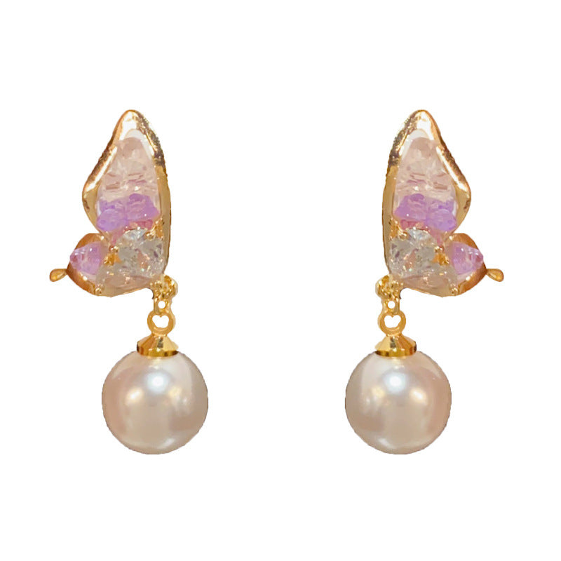14K Gold-Plated Butterfly Pearl Drop Earrings – Elegant Sweet Design