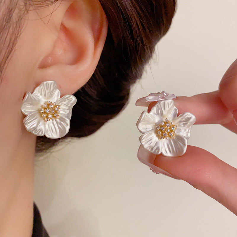 14K Gold-Plated Camellia Flower Pear Earrings - Elegant Floral Design
