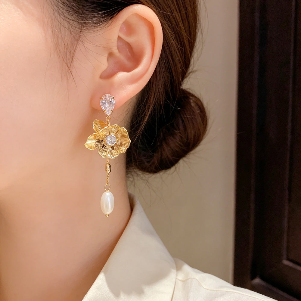 Eaioncol Floral Pearl Tassel Earrings 14K Gold & Silver Plated