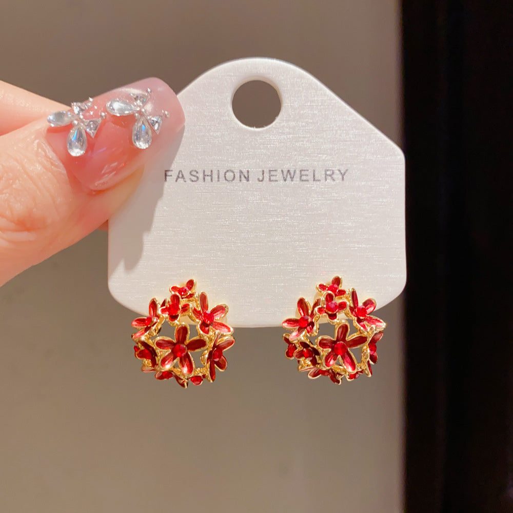 Eaioncol Thin-Coat Floral Stud Earrings Green Red