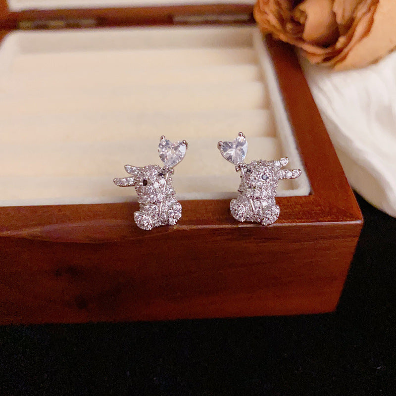 Luxury Zircon Rabbit & Heart Stud Earrings – Animal-Inspired Design