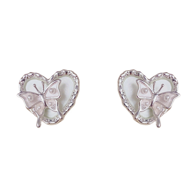 Luxury Silver-Coated Heart Butterfly Stud Earrings – Elegant Design