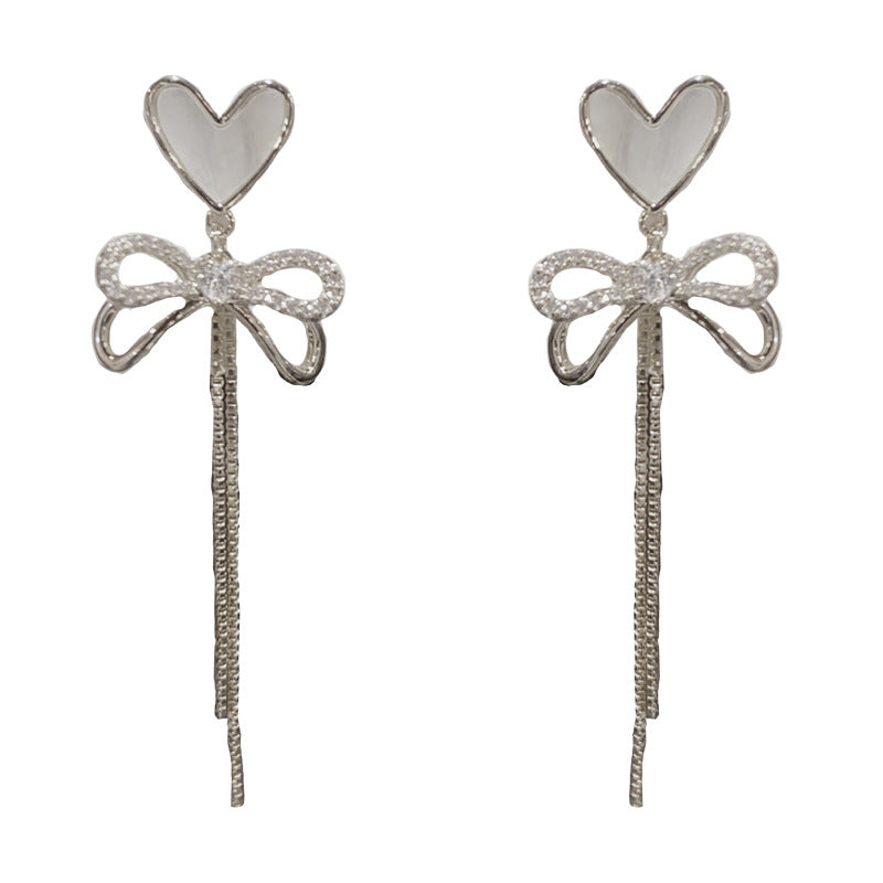 14K Gold Shell Heart Bow Tassel Drop Earrings - Chic Elegance Design