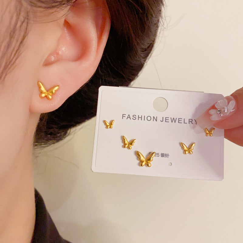 14K Gold Mesh Geometric Trio Stud Earrings - Chic Minimalist Design