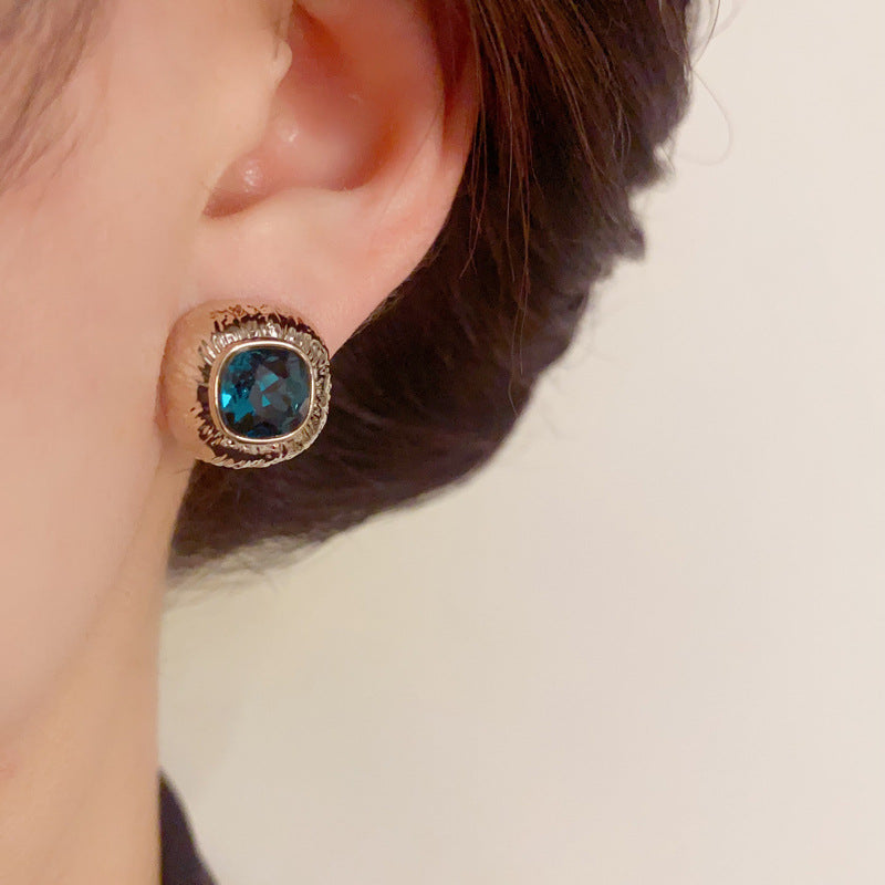 14K Gold-Plated Blue Geometric Square Stud Earrings -Modern Minimalist