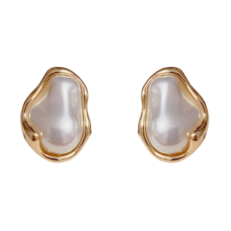 14K Gold Luxury Irregular Pearl Earrings – Elegant Geometric Design