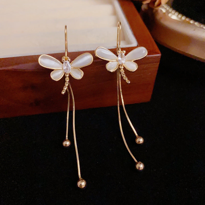 Luxury Zircon Dragonfly Long Tassel Drop Earrings – S925 Silver Needle