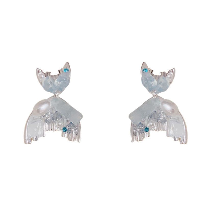 Luxury Blue Crystal Fishtail & Pearl Sliver Earrings – Elegant Design