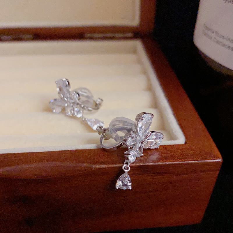 14K Gold Zircon Butterfly Waterdrop Tassel Ear Clips – Elegant Design
