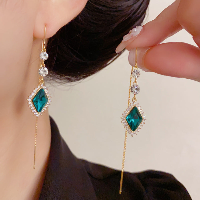 Luxury Full-Zircon Rhombus Tassel Threader Earrings – Elegant Design