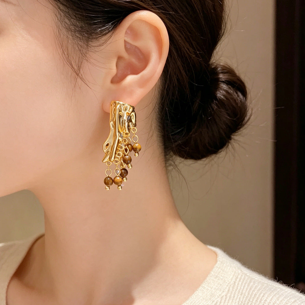 Eaioncol Geometric Tiger Eye Tassel Earrings 18K Gold