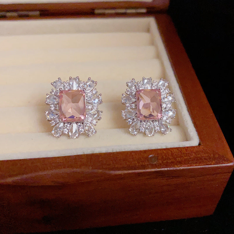 Silver-Plated Pink Square Stud Earrings - Dazzling Minimalist Design