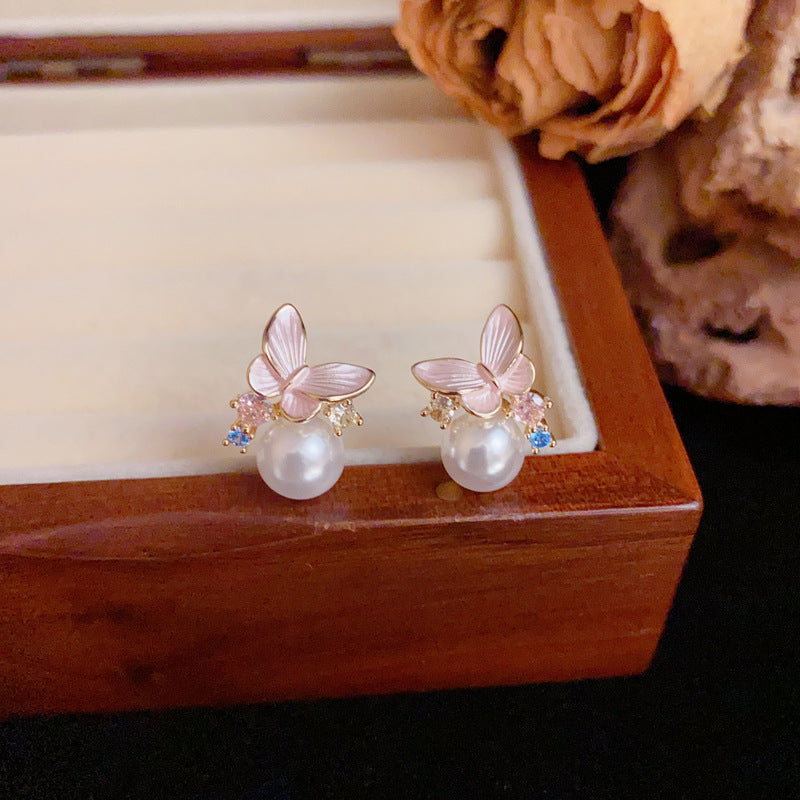 Luxury Pink Butterfly & Pearl Stud Gold Earrings – Elegant Design