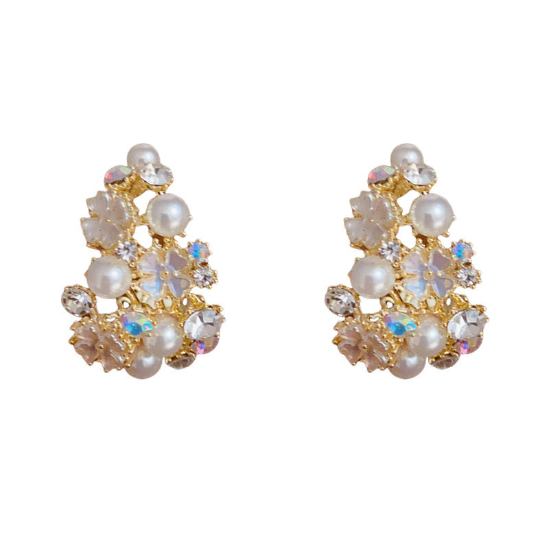 14K Gold Hollow C-Shaped Flower & Pearl Hoop Earrings – Floral Design