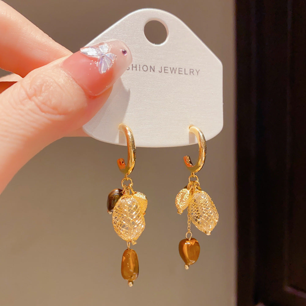 Eaioncol Mesh Tiger Eye Tassel Drop Earrings Gold