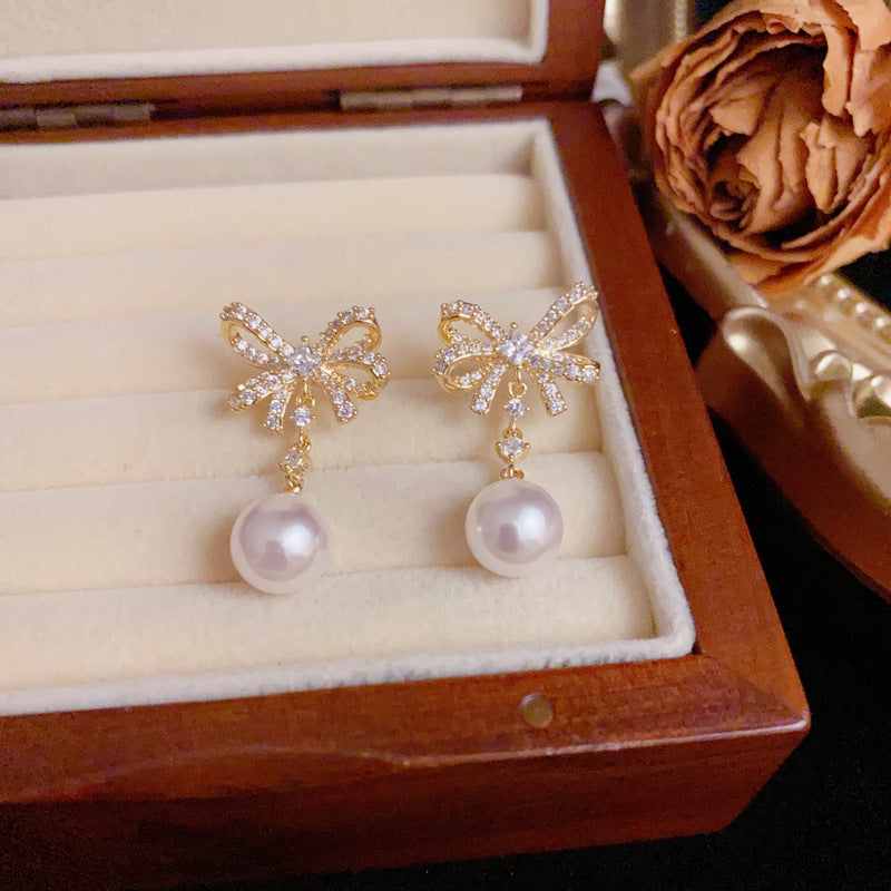 Luxury Full-Zircon Bow & Pearl Drop Earrings – S925 Silver Needle