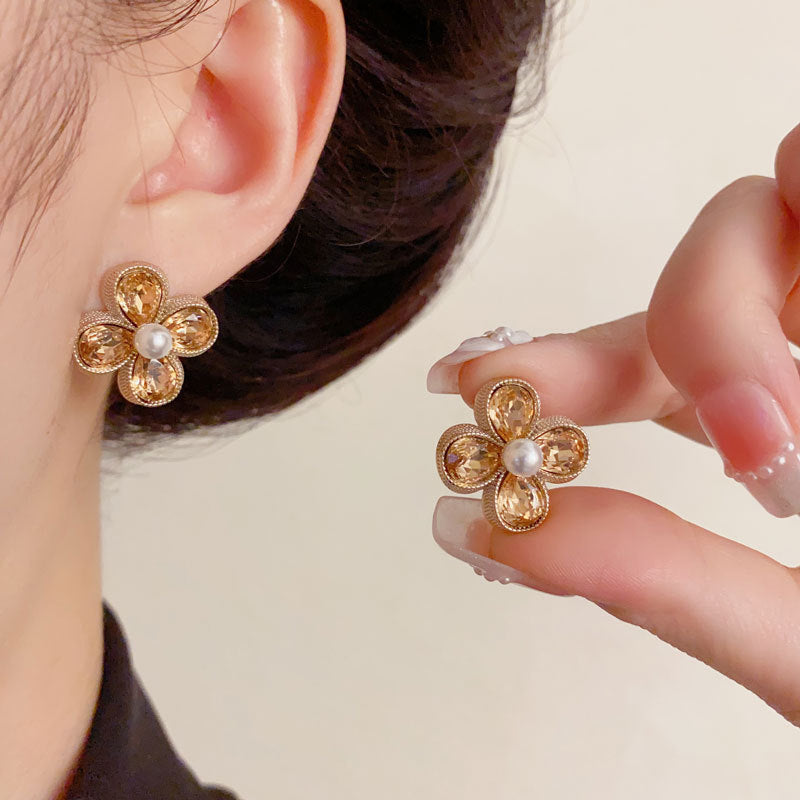 Luxury Coffee Zircon Pearl Petal Stud Earrings – Floral Design