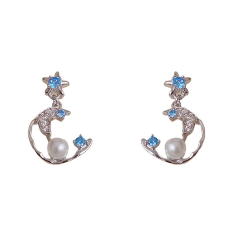 Luxury Zircon Star & Moon Pearl Drop Earrings – Elegant Design