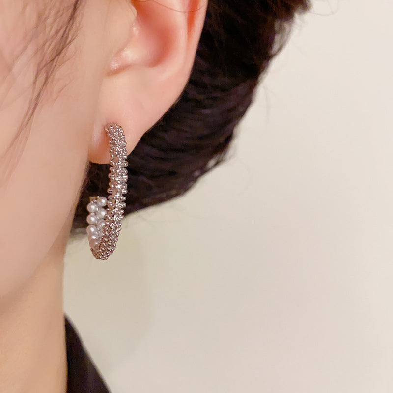 14K Gold Crushed Silver Pearl Hoop Earrings- Chic Minimalist Design