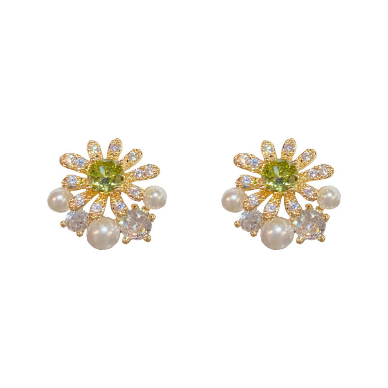14K Gold-Plated Pearl Sunflower Stud Earrings - Elegant Floral Design