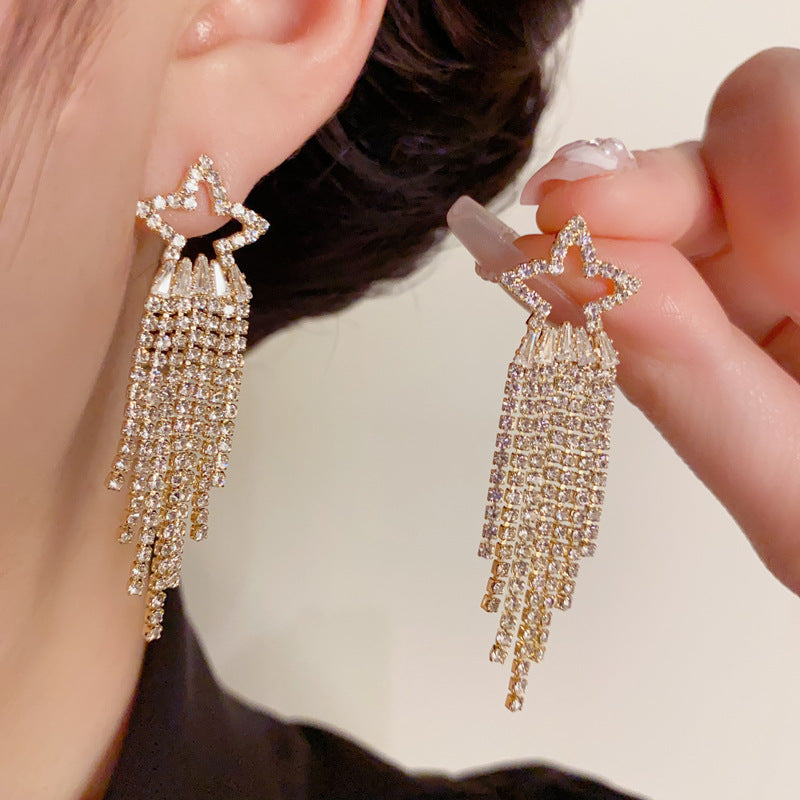 14K Gold-Plated Full Zircon Star Tassel Earrings–Sparkling Chic Design