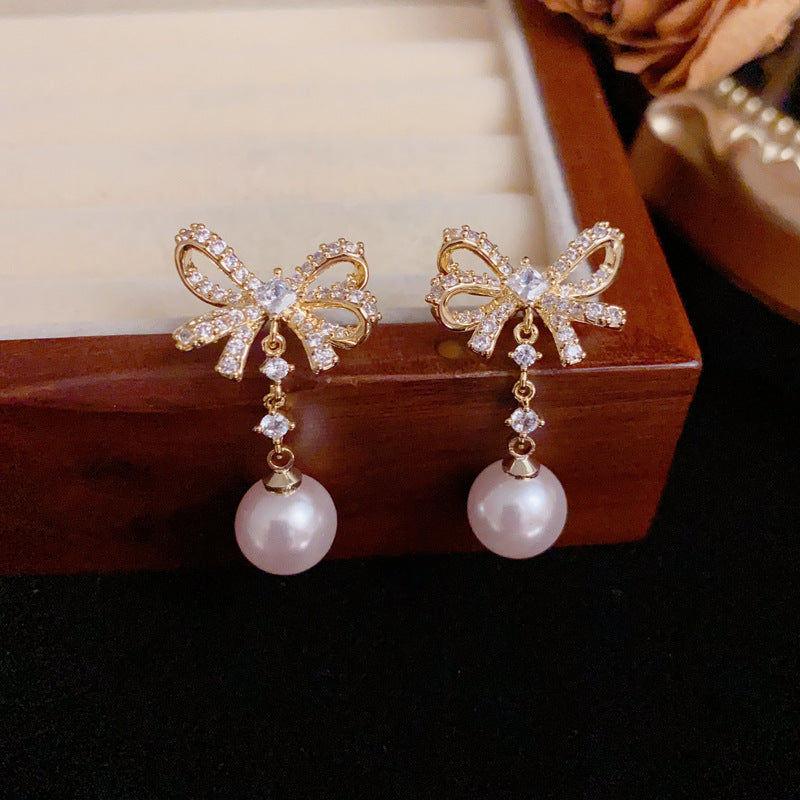 Luxury Full-Zircon Bow & Pearl Drop Earrings – S925 Silver Needle