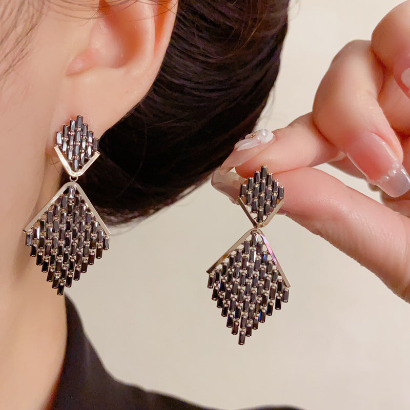 Luxury Zircon Geometric Rhombus Tassel Drop Earrings – Elegant Design