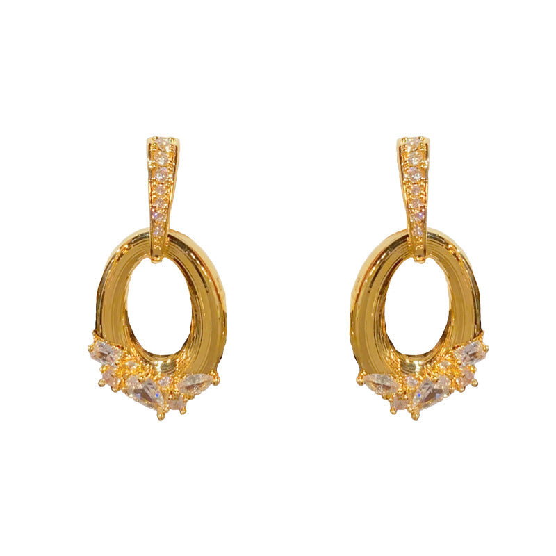 18K Gold-Plated Diamond-Studded Oval Earrings-Vintage Minimalist Style