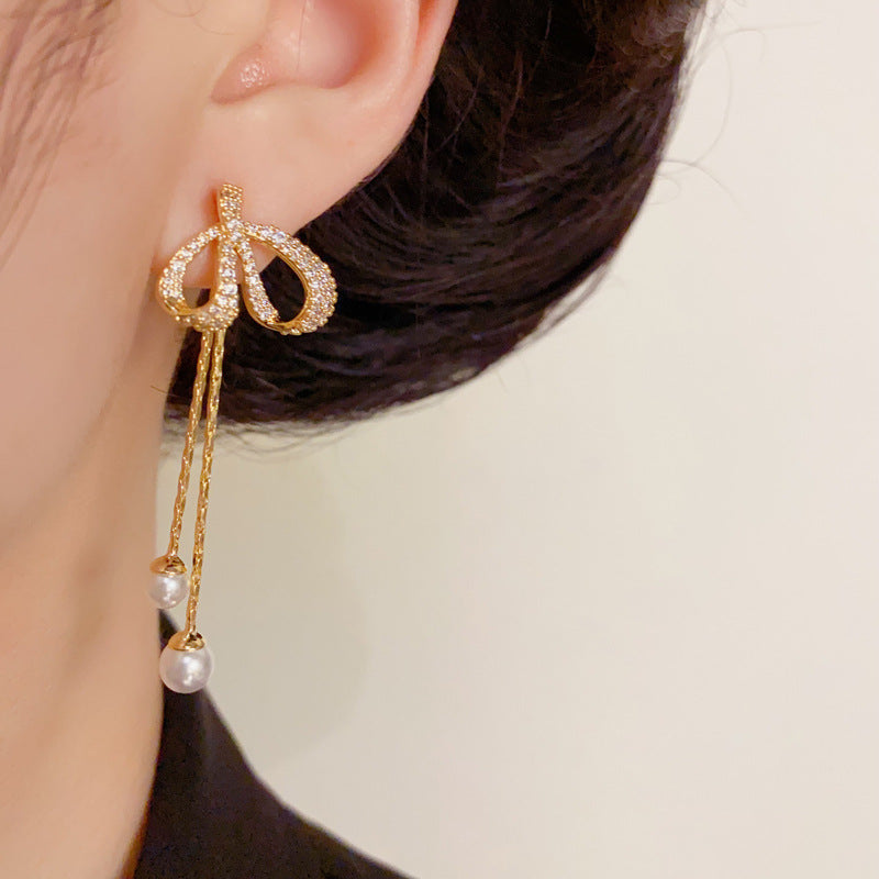 14K Gold-Plated Bow Pearl Tassel Earrings – Pave Zircon Design