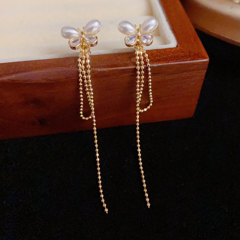 Luxury Pearl & Butterfly Tassel Drop Earrings – Silver Needle Design
