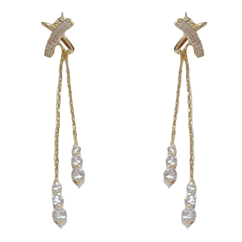 14K Gold-Plated Zircon Cross Dual-Wear Tassel Earrings –Elegant Design
