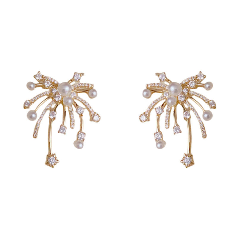Luxury Full-Zircon & Pearl Firework Gold Earrings – Floral Design