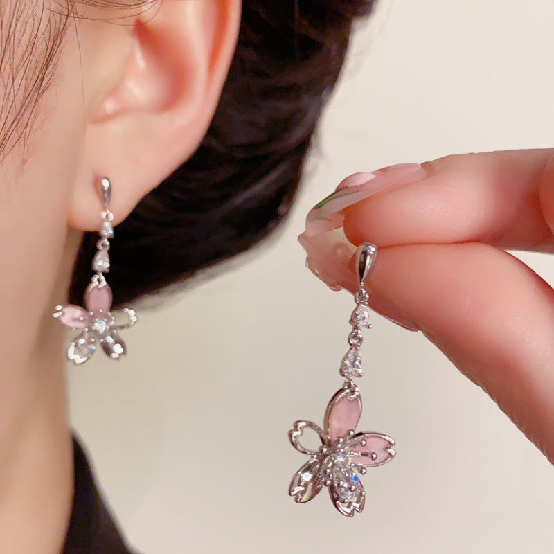 14K Gold-Plated Zircon Flower Tassel Earrings – Elegant Chic Design