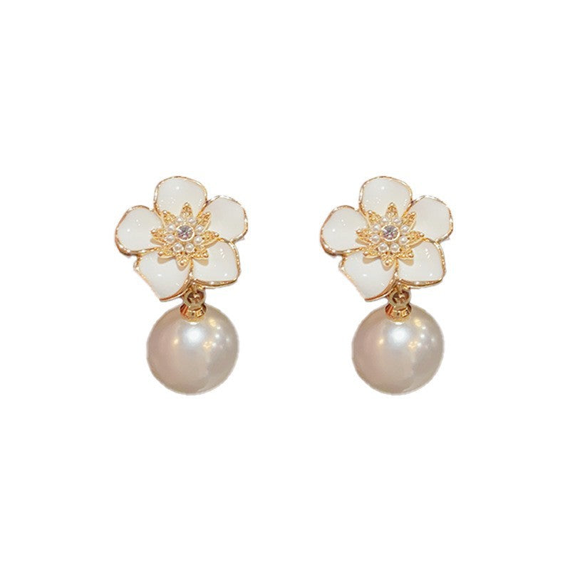 14K Gold-Plated Camellia Pearl Drop Earrings – French Chic Design