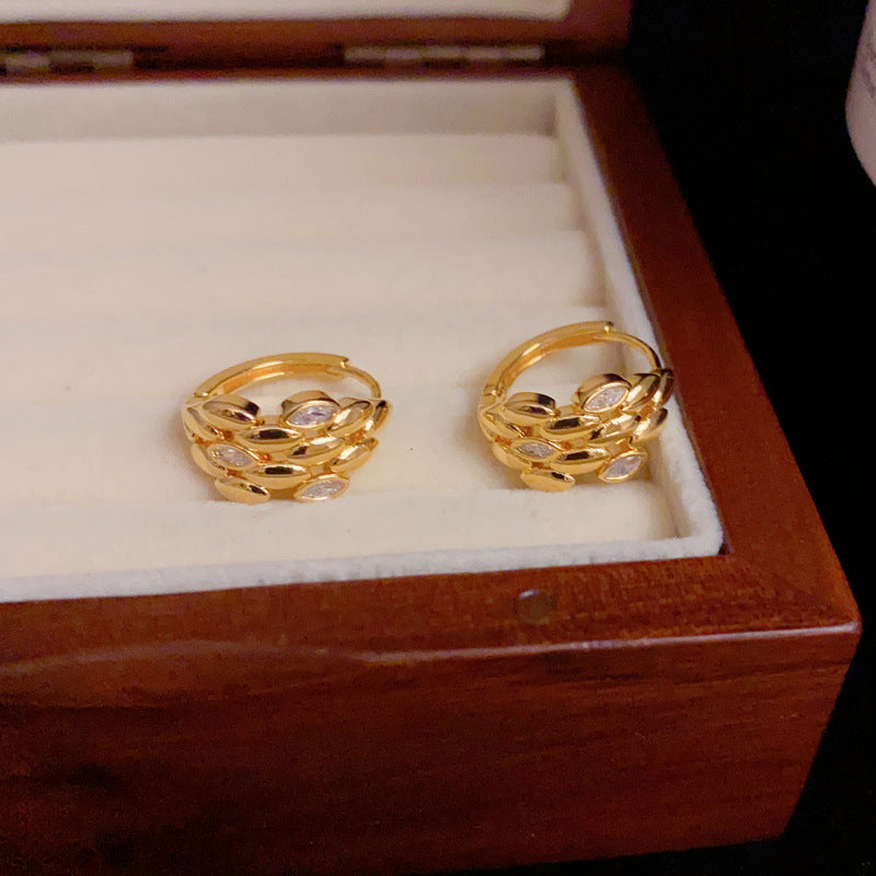 14K Gold-Plated Wheat Spike Hoop Earrings with Zircon - Elegant Design