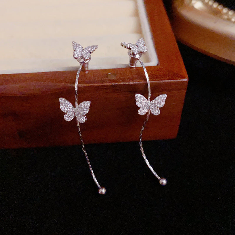 Luxury Butterfly Front-Back Tassel Drop Earrings – S925 Silver Needle