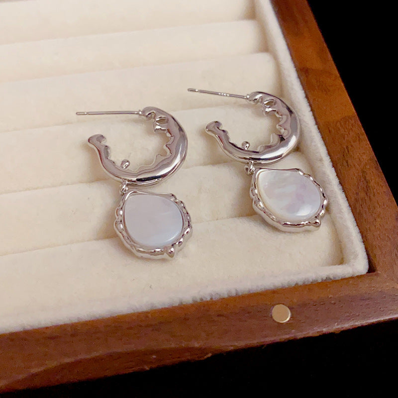 Elegant Metal & Mother-of-Pearl Drop Earrings – Geometric Design