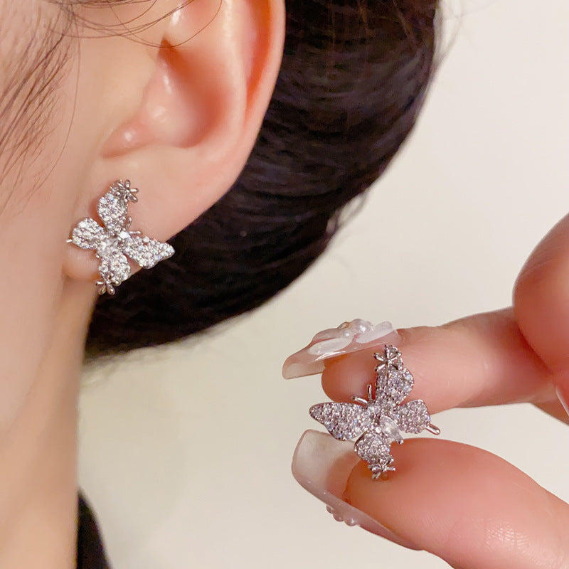 14K Gold-Plated Full Zircon Butterfly Stud Earrings – Elegant Sparkle