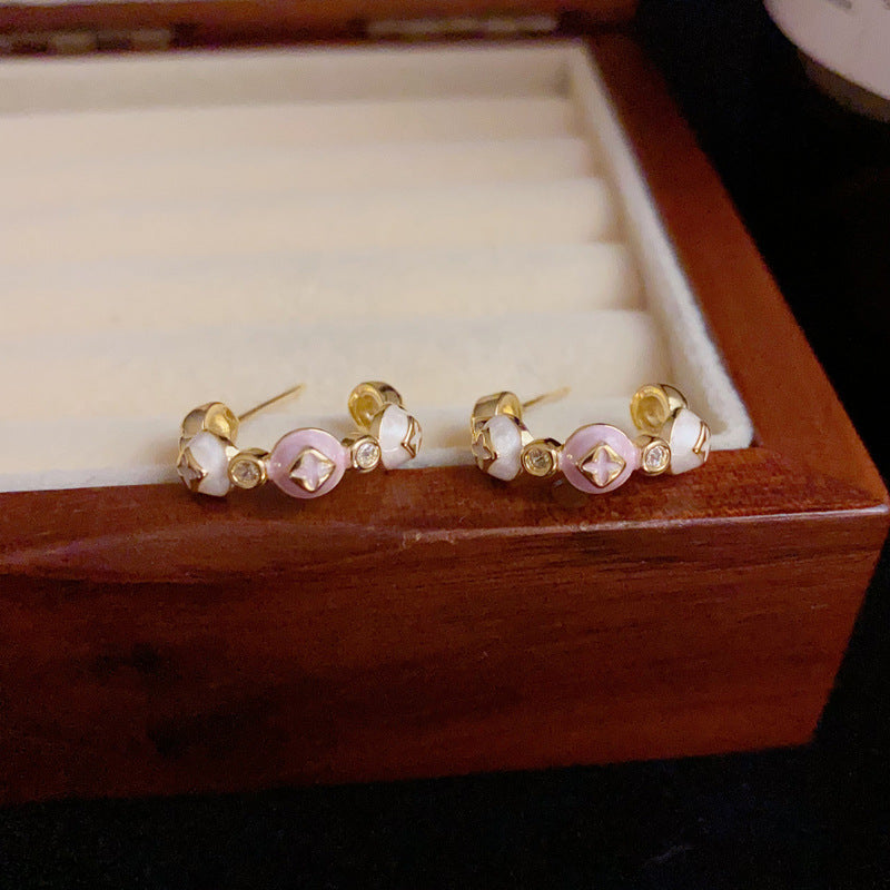 14K Gold Sweet Enamel Color-Block C-Shaped Earrings – Elegant Design