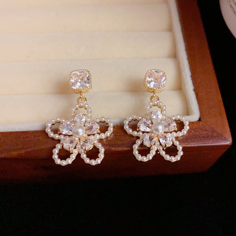 14K Gold Zircon Pearl Open Flower Drop Earrings - Chic Elegance Design