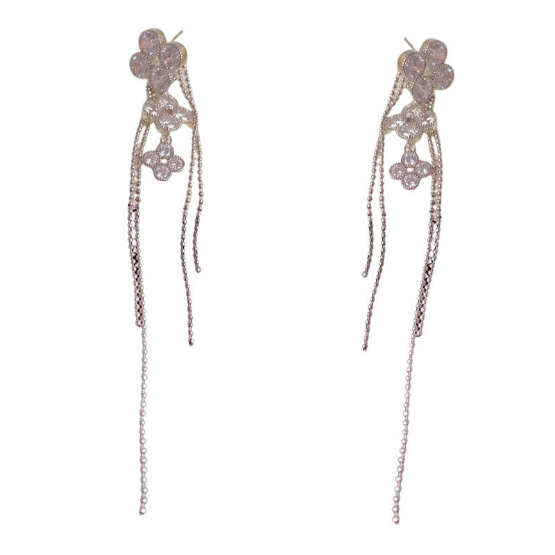 Luxury Four-Leaf Flower Long Tassel Drop Earrings – Sparkle Design
