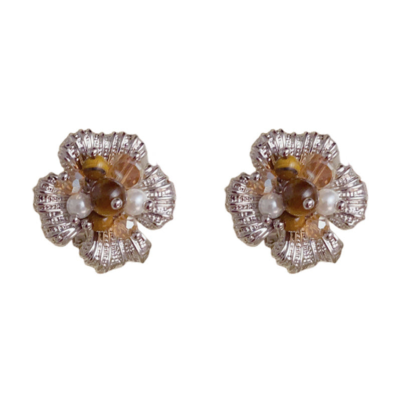 Elegant Tiger's Eye & Glass Bead Flower Earrings – Floral Design