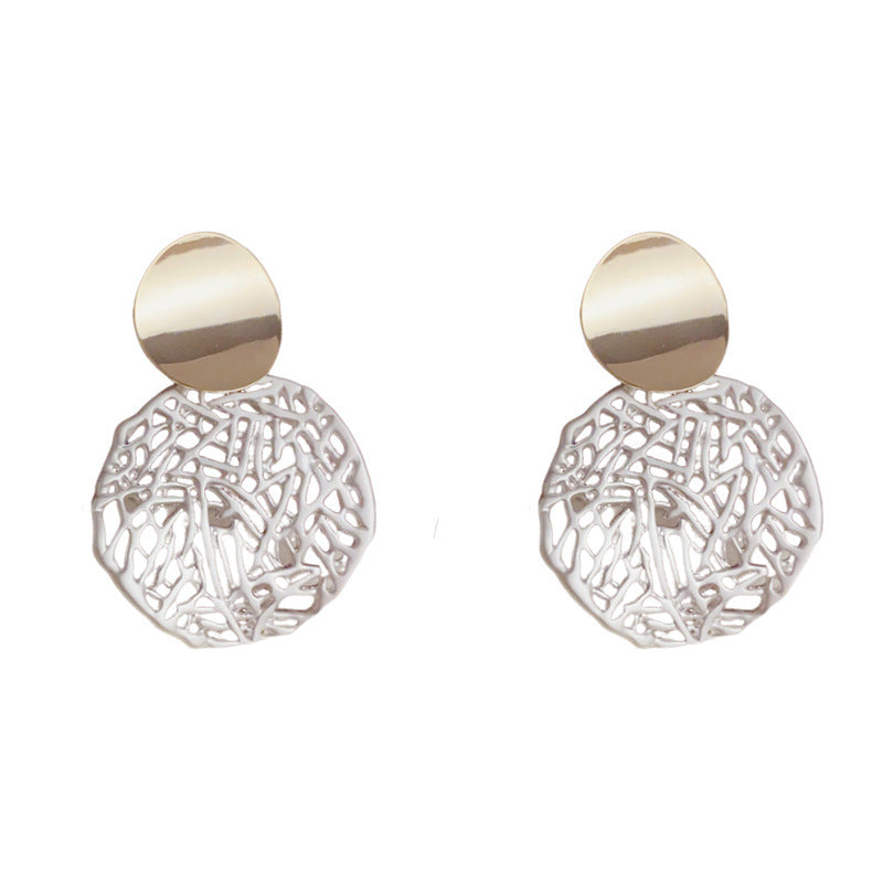 Luxury Metal Bicolor Hollow Round Drop Earrings – S925 Silver Needle