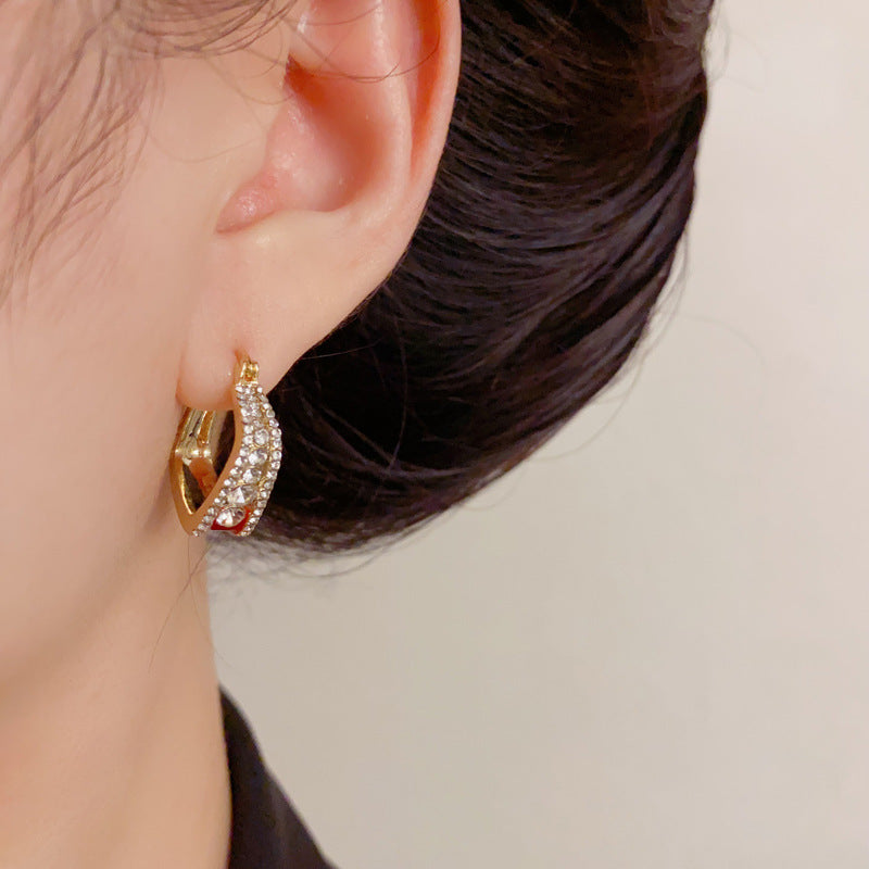 Elegant Full-Zircon Red Double-Sided Hoop Earrings – Geometric Design