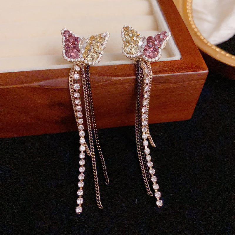 Luxury Colorblock Butterfly Long Tassel Drop Earrings – Elegant Design