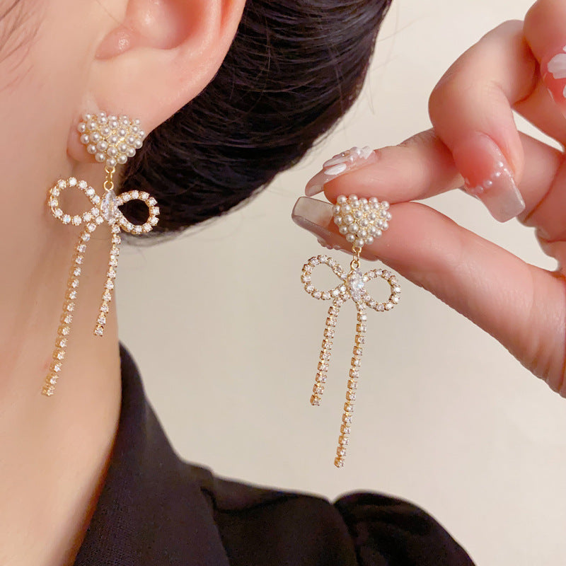 Elegant Pearl Heart Zircon Bow Drop Earrings – Romantic Design