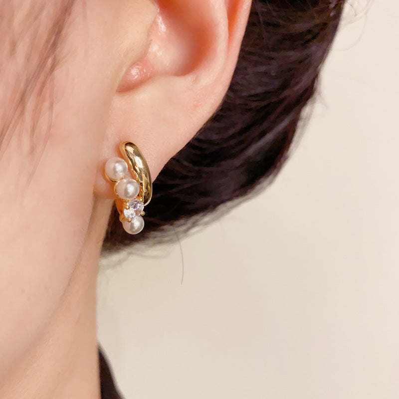 14K Gold Double-Layer Zircon Pearl Stud Earrings – Elegant Design