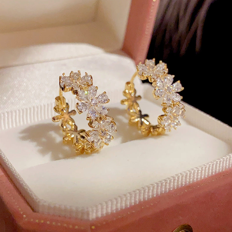 14K Gold Plated Vintage Inspired Zircon Flower Clip-On Earrings - Luxe Geometric Design