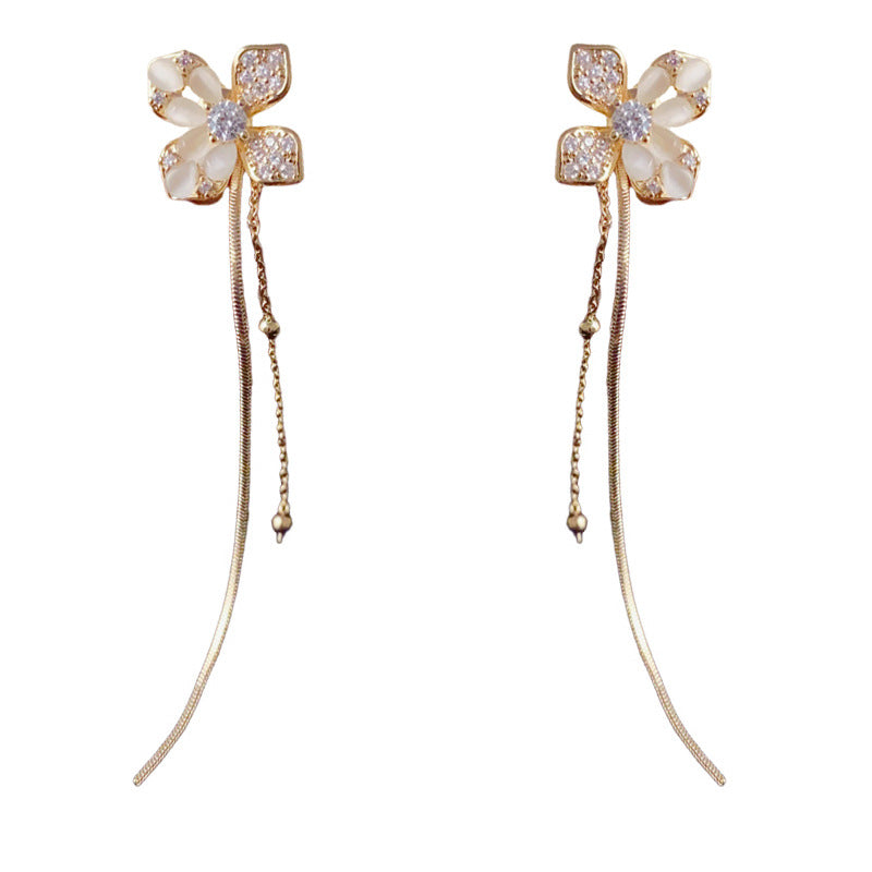 Elegant Zircon Petal Tassel Drop Earrings – Long Fringe Design