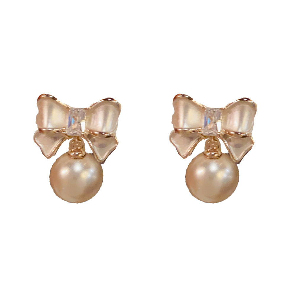 Eaioncol Coffee Gold Bow Pearl Drop Earrings 14K Gold Plated